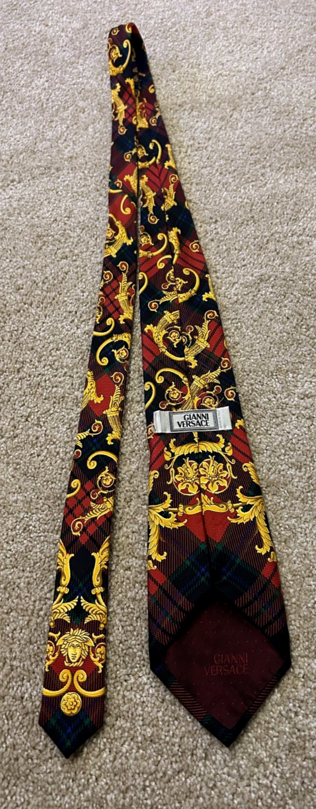 RARE GIANNI VERSACE VINTAGE '90s Plaid SILK TIE BAROQUE Medusa Head image 5