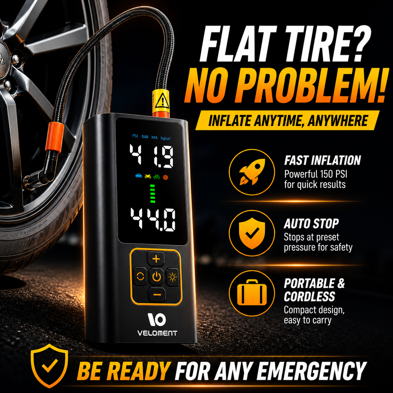 150 PSI high power tire inflator with fast inflation performance