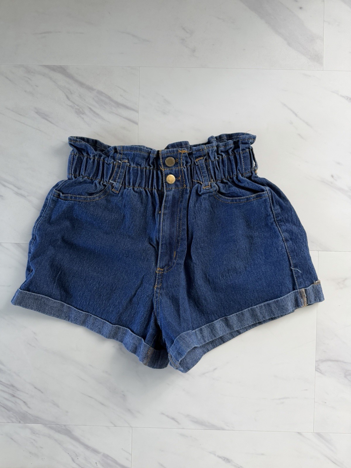 jolie & joy jeans Women's Blue Denim Paperbag Shorts High Rise Cuffed Pockets S