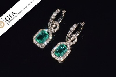 GIA Natural 4.12CT VS F Diamond Zambian Emerald 18K Gold Dangle Hoop Earrings