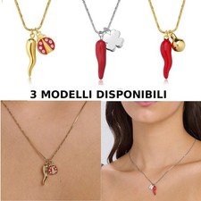 Collana Donna Cornetto Acciaio Portafortuna Sagapo Quadrifoglio Coccinella SFE