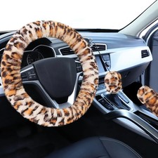 Fuzzy Car Steering Wheel Cover Leopard Warm Fur Universal Wheel Cover 14 12-15