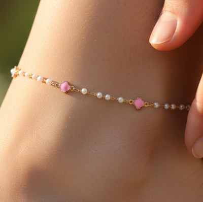 Delicate Beaded Anklet Gold Plated Pearl and Pink Chain Anklet Handmade Jewelry