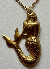Mermaid gold tone back charm pendant 1 1/2" necklace 20" gold plated