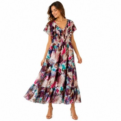 Soft Surroundings Maxi Dress Plus Size 2X Floral Ruffle Trim Tiered V Neck