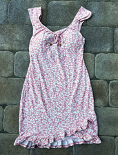 Girls Pink White Floral Sleeveless A-Line Ruffle Hem Dress, Size M 7-9