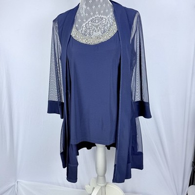 R&M Richards Navy Beaded Neck Sheer Sleeve Twinset Top & Cardigan Women s 8