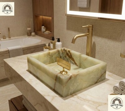 Modern Green Onyx Rectangular Vessel Sink | Natural Stone Bathroom Basin 18x12