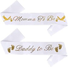 "Momma To Be"  "Daddy To Be" Baby Shower Sash Bundle - With Cute Stork Image...