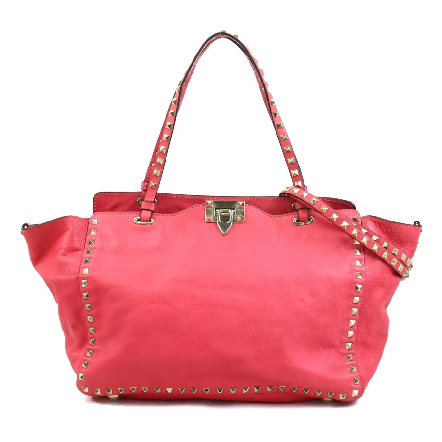Valentino — Auth Valentino Garavani Rockstud Handbag Shoulder Bag Pink/Gold Leather - 56331a