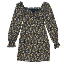 Nasty Gal Womens Floral Mini Dress Black Yellow Sweetheart Neck Long Sleeve 12