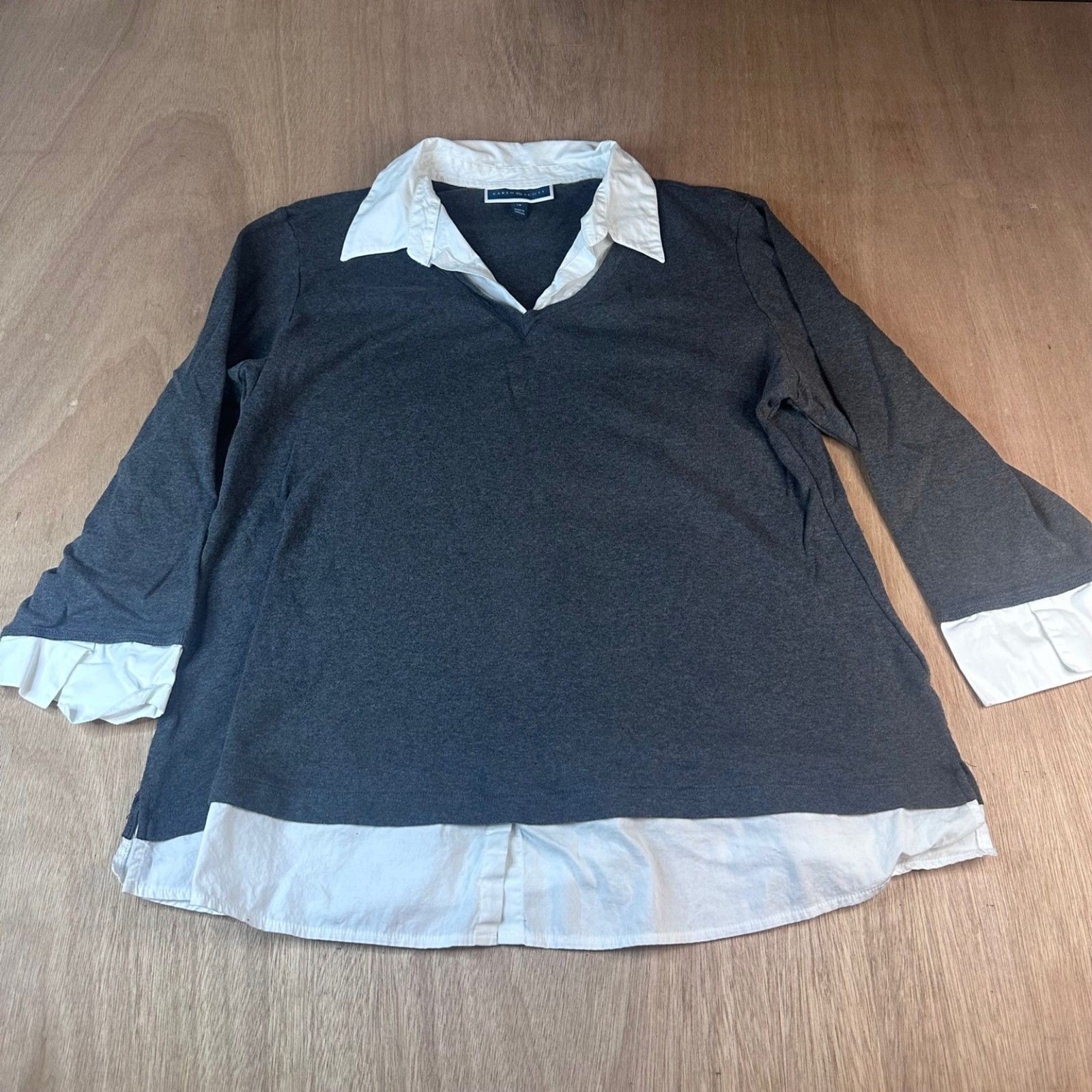 Karen Scott Women’s 1X Layered Look Sweater Top Gray White Cotton