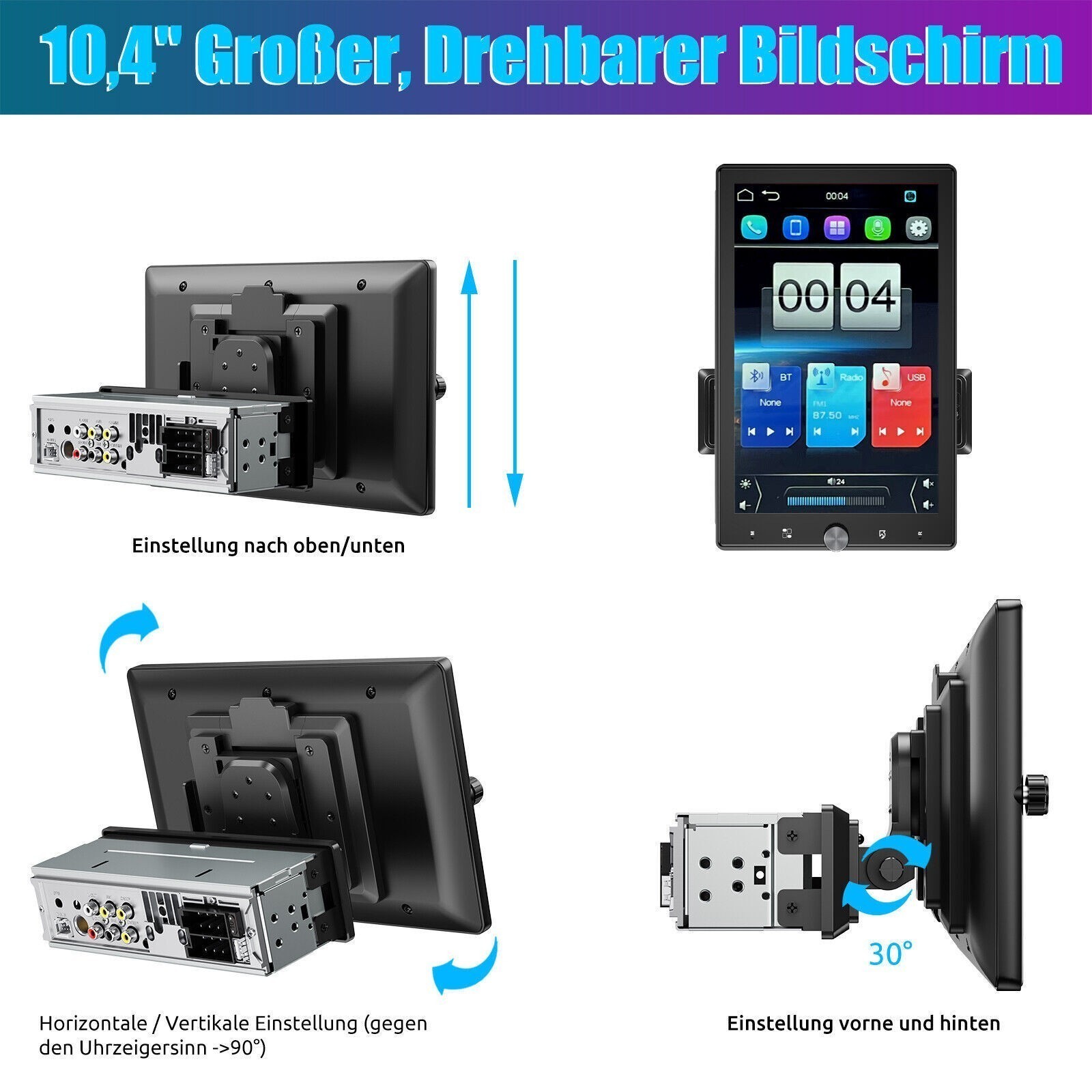 Autoradio 1 DIN 10,4" Apple Carplay Android Auto + Fotocamera Bluetooth USB AUX TF EQ foto 5