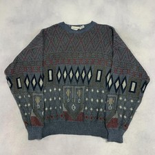Vintage Abstract Knitted Jumper Patterned Grandad Knit Sweater Men's Xl