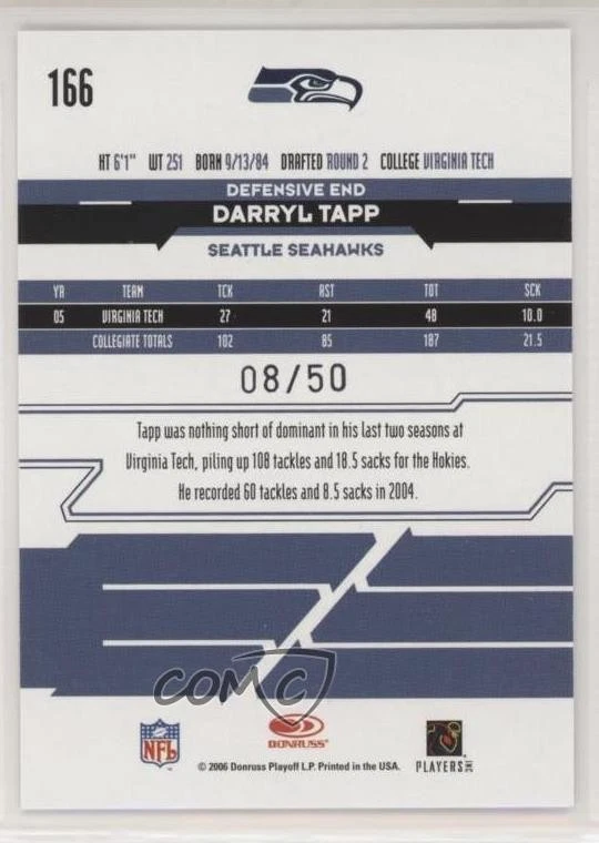 2006 Leaf Rookies & Stars Longevity Parallel Signatures /50 Darryl Tapp Auto RC - Image 2 of 2