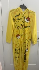 Pok mon Pikachu Yellow Hooded Zip Fleece One-Piece Sleepwear Pajamas Kids L
