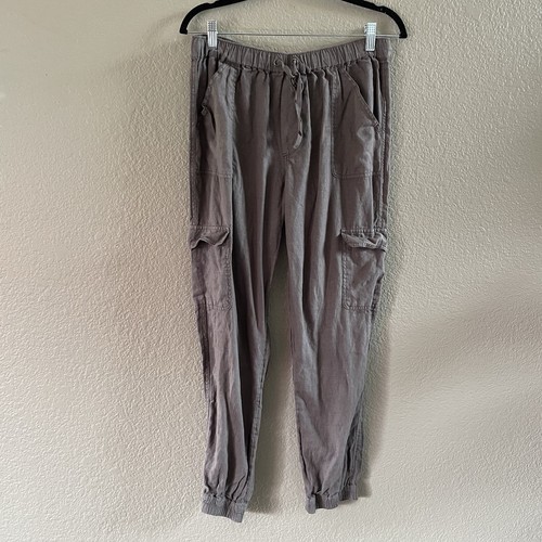 C&C Cargo Pants Womens Large Grey Linen Beach Coastal Lagenlook Pull On Jogger