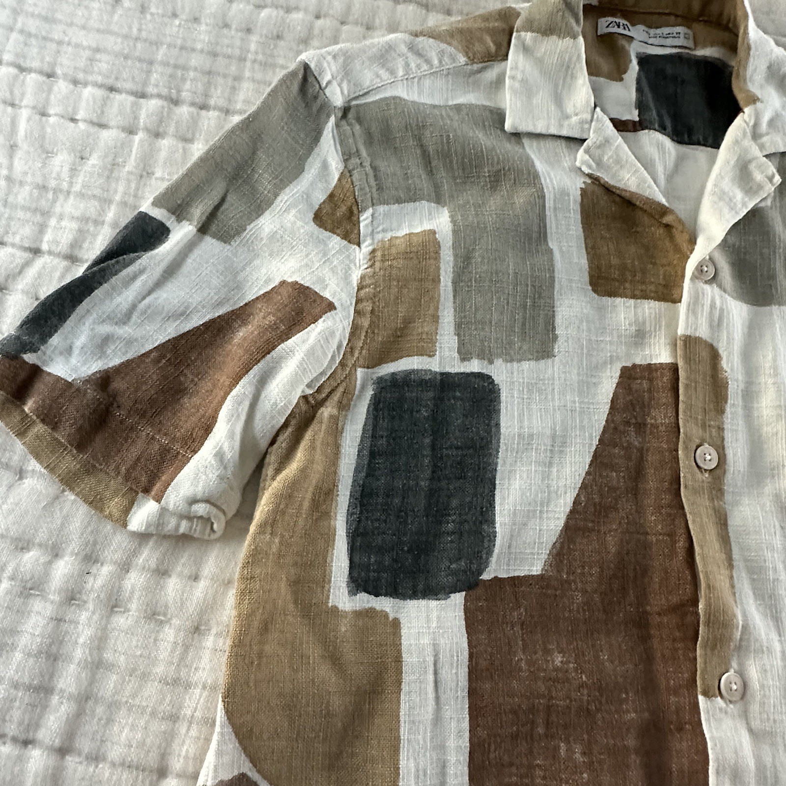 Zara Men's Short Sleeve Abstract Print Shirt White Gray and Brown Resort Size S image 3