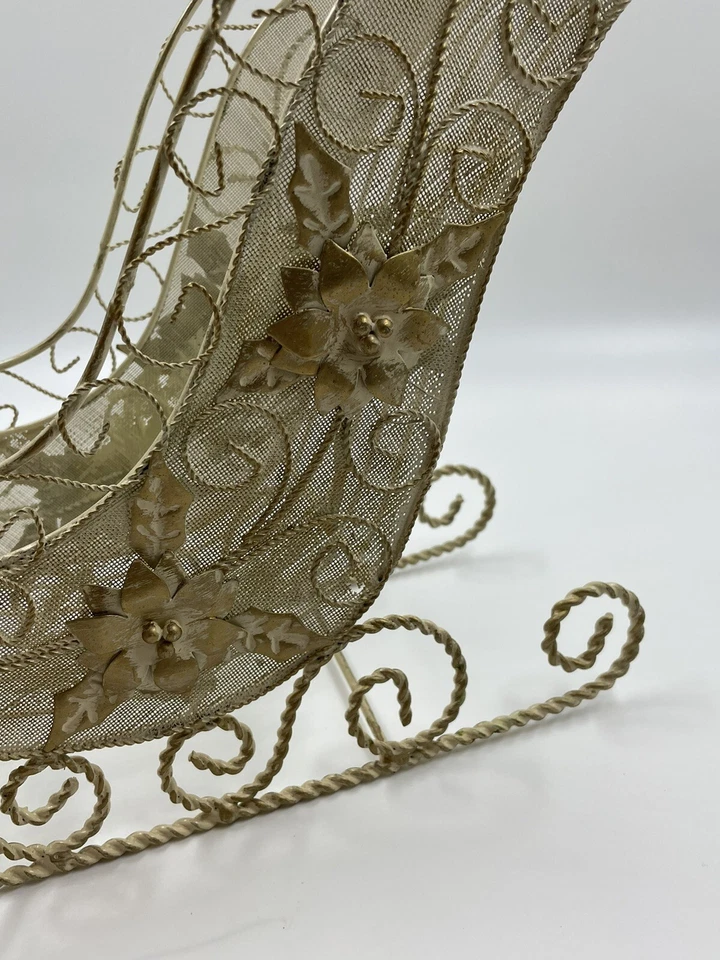 CardHolder Sleigh Basket White Gold Christmas Poinsettia French Country Cottage - Image 4 of 4