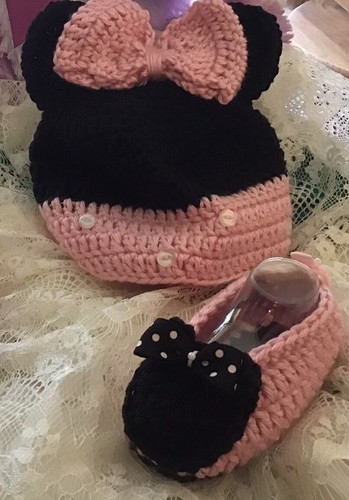 Pink& Black Mickey Mouse Handmade Crochet Hat & Booties, Size 6-12 Month - Picture 7 of 7