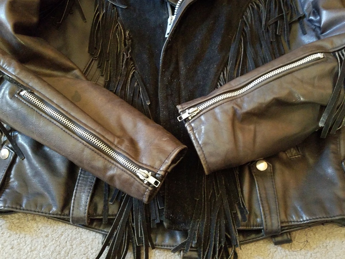 Leather Motorcycle Jacket Black Suede Panels Fringe 1960s Sz Leather Motorcycle Jacket Black Suede Panels Fringe 1960s Sz