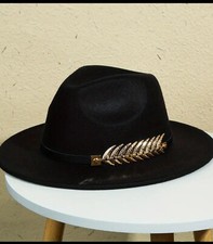 Black Brim Fedora Hat Gold Rhinestone Leaf Accent Boho Western Chic