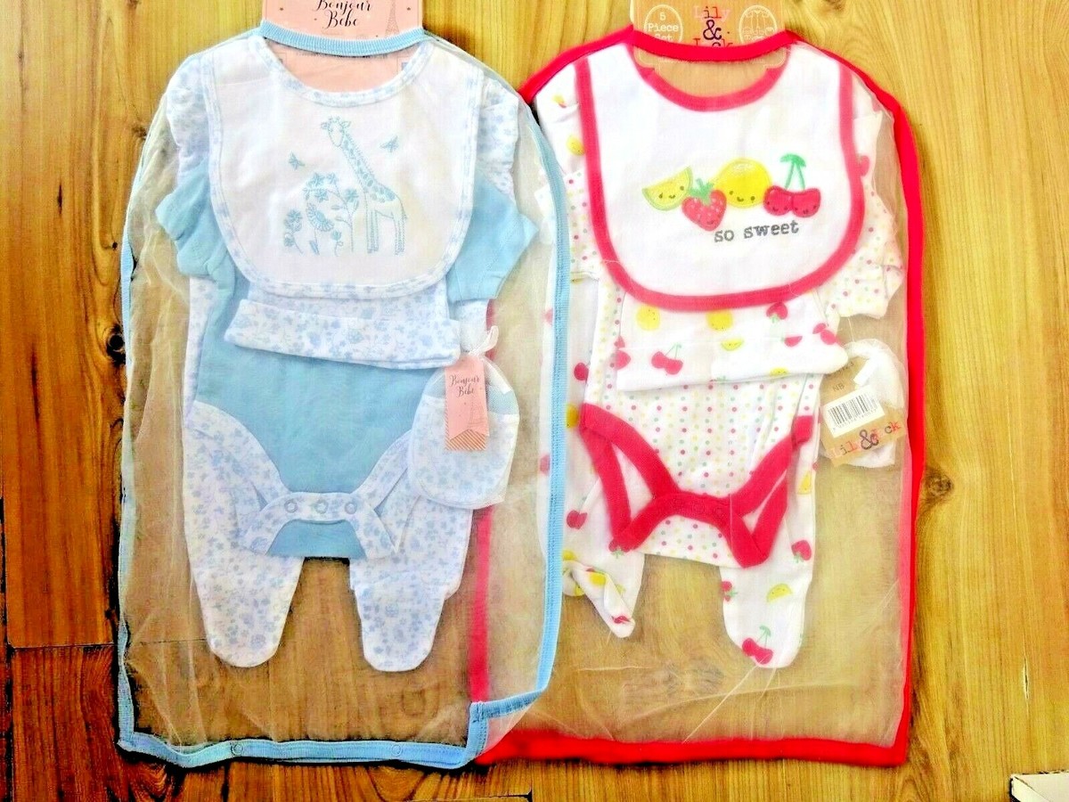 Baby grow Sleepsuit Vest Bib Scratch Mittens Cradle Cap Piece Set Boy Girl
