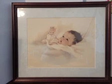Vintage Baby Art Print  Bessie Pease Gutman Awakening Framed In Wood 21” x 18”