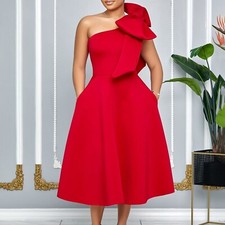 Fashion Women One Shoulder Casual Bow Smocked Flowy Beach Boho A Line Maxi Dress