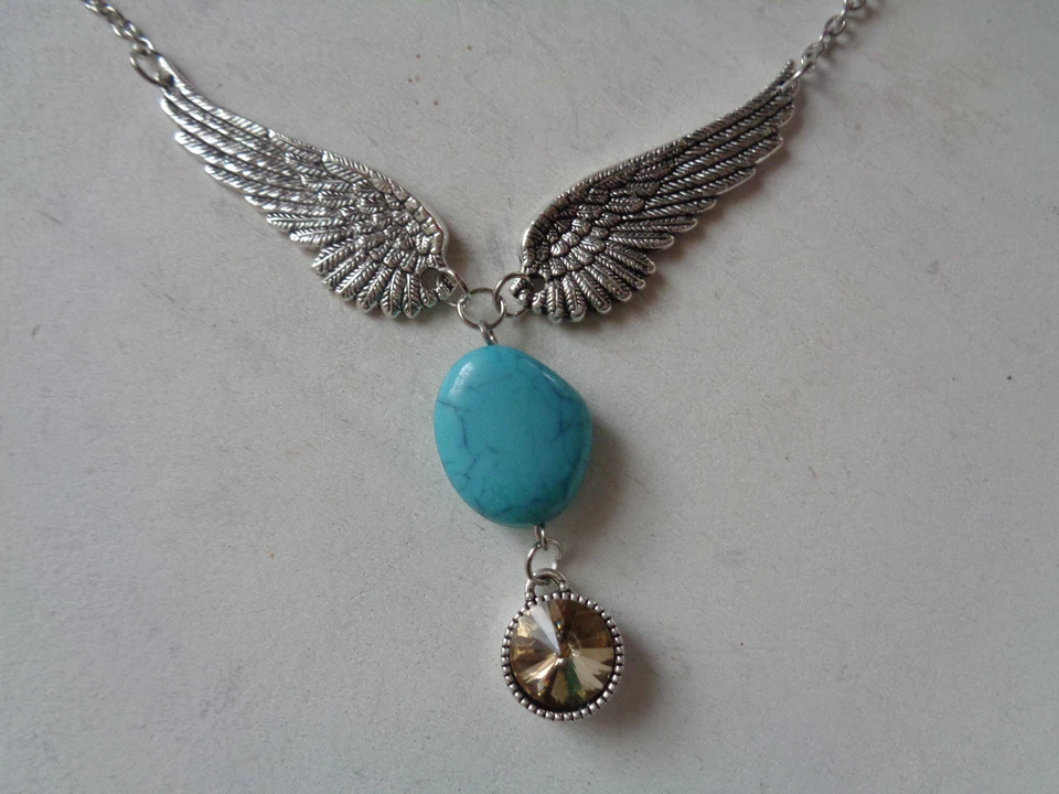 Gliederkette silber Flügel Türkis Howlith imitat strassanhänger kaffeebraun - Bild 2 von 2