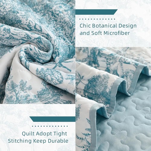 WONGS Queen 3-Pc Botanical Quilt Set-Toile Floral Microfiber Coverlet All Season - Picture 62 of 103