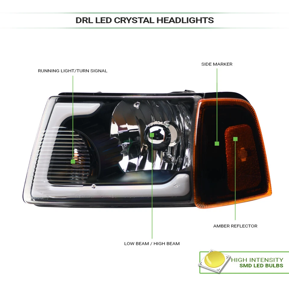 Topline For 2001-2011 Ford Ranger LED Strip Headlights+Corner Signal Amber Black - Image 3 of 4