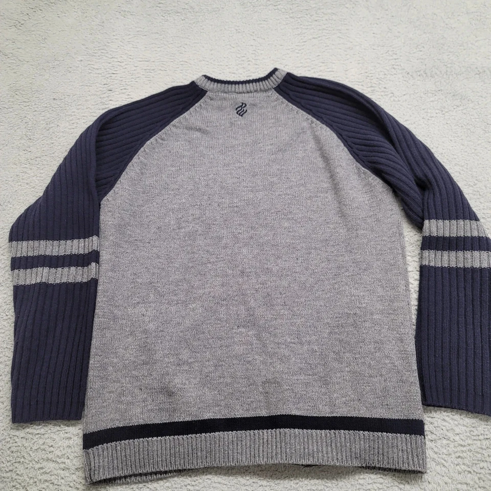 Suéter masculino Rocawear grande cinza azul mistura de lã vintage RW malha soletrada Y2K 90 - Imagem 4 de 4