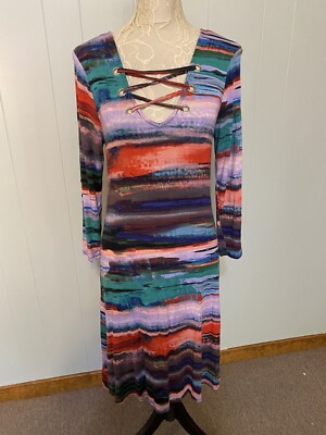 Cupio Water Color Fitted Multicolor Dress Size Small  Long Sleeve V Neck