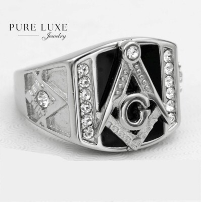 #ad Mens Stainless Steel Masonic CZ Onyx BlackRings Size 8 13 High Polish Box $18.99