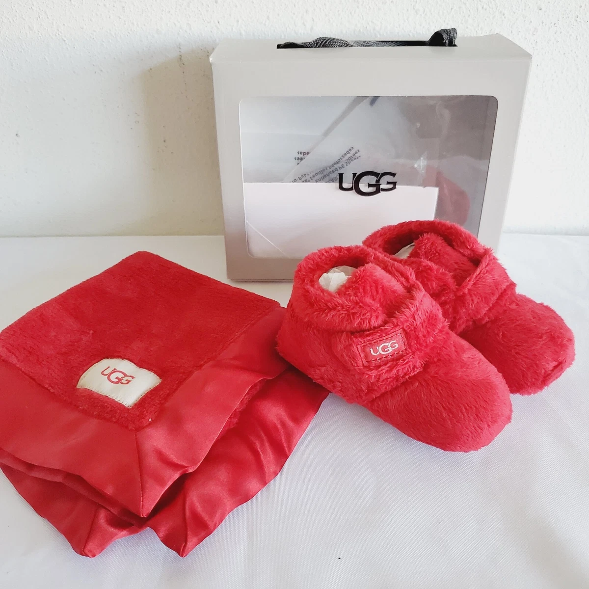 GIRLS BABY 4 5 12 18 MOS UGG BIXBEE LOVEY SAMBA RED BOOTIES BLANKET 1094823I