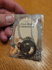 Vintage First Communion Pendant Religious Necklace, 1.25 Inches