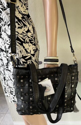 MILO from Expressions NWT Black Leather Patchwork/Studded Purse - Picture 2 of 12