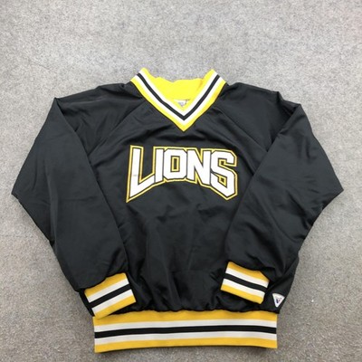 Vintage Varsity Lions Jacket Mens Small Black Pullover V Neck Striped Trim