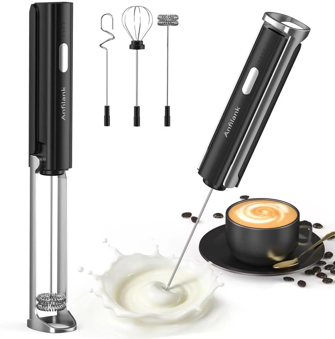 Handheld Milk Frother Wand with Folding Stand, Rechargeable Electric Whisk with