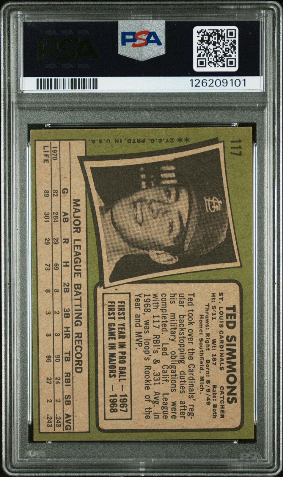 1971 Ted Simmons signed ROOKIE card Topps #117 PSA 4 AUTO 10 RC Cardinals HOF view 2