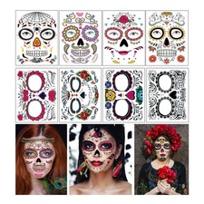 Day of the Dead Face Tattoos, 8 Sheets Sugar Skull Temporary Large, Rose
