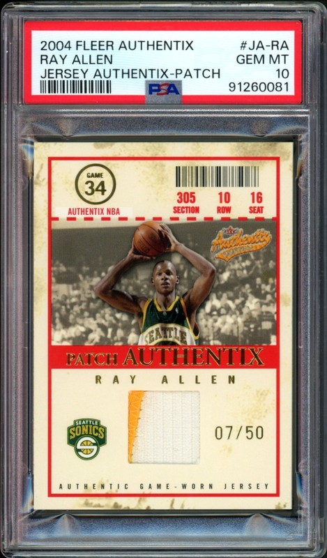 2004-05 FLEER AUTHENTIX RAY ALLEN SONICS HoF GAME-WORN JERSEY PATCH PSA 10 #/50!