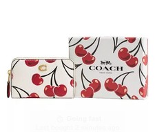 Coach Boxed Essential Small Zip Around Card Case With Cherry Print
