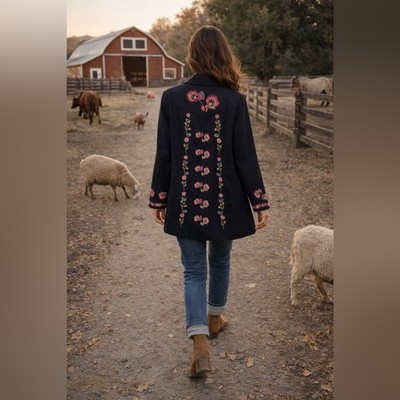 Monterey Bay Clothing Company Floral Embroidered Cotton Fall Coat Jacket Size 10