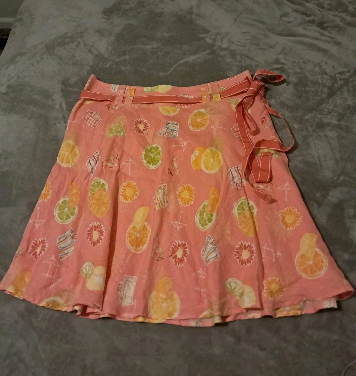 Liz Claiborne 100% Linen Summer Citrus Fruit Print Flowy Skirt Sz 16 Tropical.