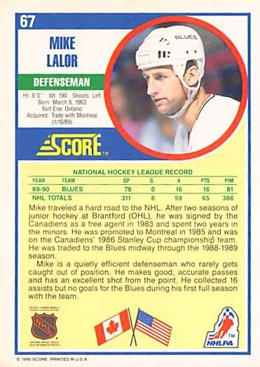 1990-91 Score American RC #67 Mike Lalor - Image 2 of 2
