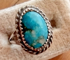 Vintage Navajo Hand Made Genuine Turquoise Nugget Sterling Silver Ring Sz 6.5