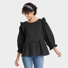 Universal Thread Women’s Puff Sleeve Ruffle Embroidered Top Dark Gray XS NWT