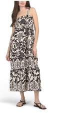 NWT ADIVA Smocked Black + Cream Satin Printed Maxi Dress Size Medium
